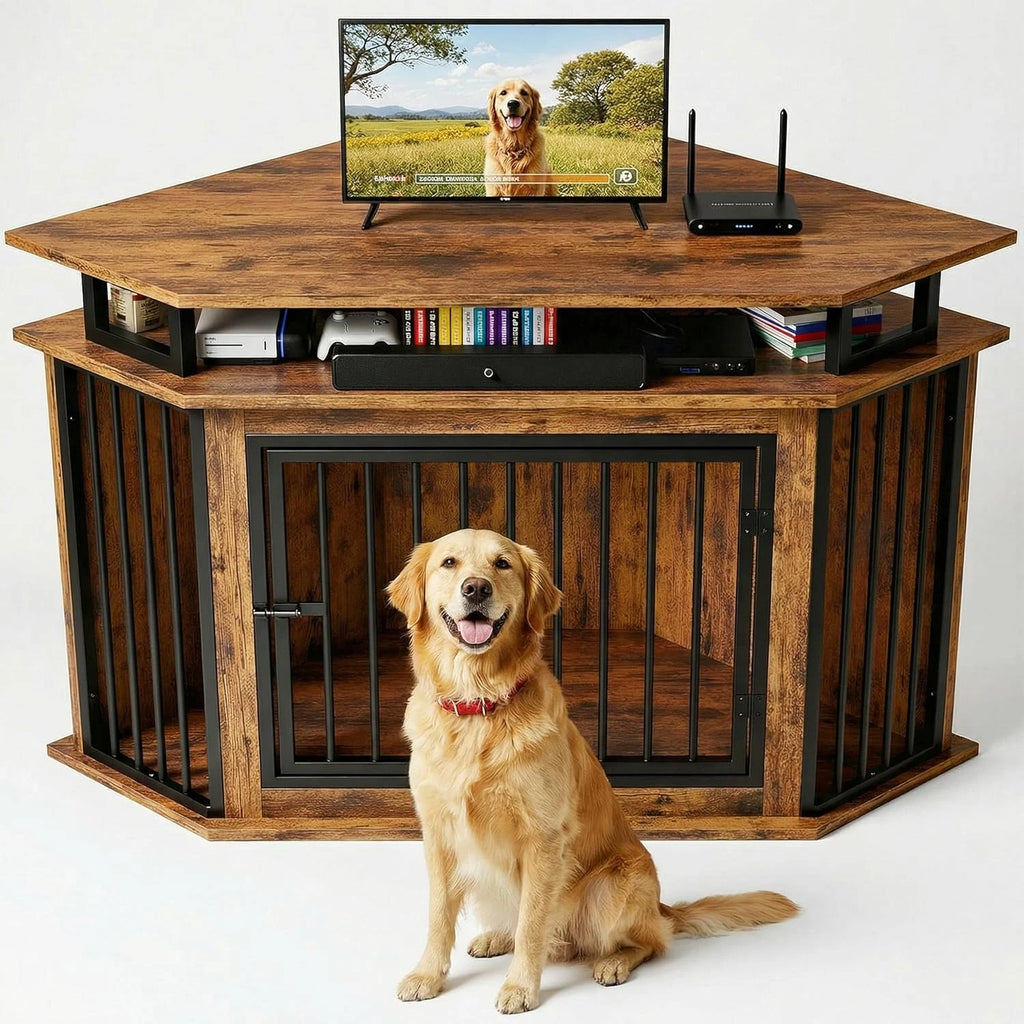 Rustic Corner Wooden Dog Crate with Shelves - Space-Saving Pet Kennel for Large