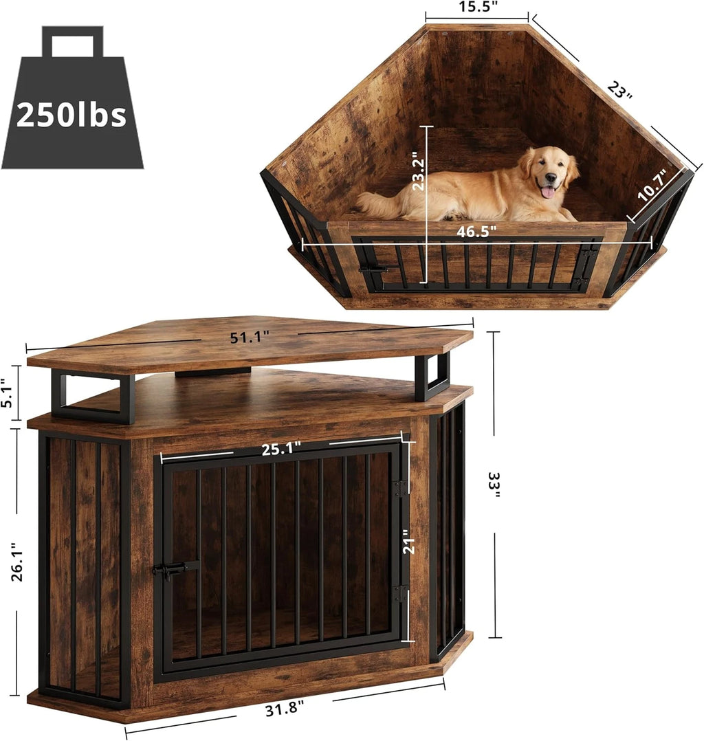 Rustic Corner Wooden Dog Crate with Shelves - Space-Saving Pet Kennel for Large