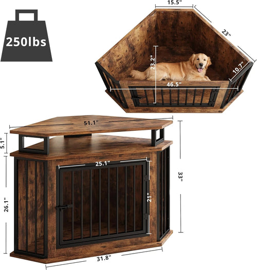Rustic Corner Wooden Dog Crate with Shelves - Space-Saving Pet Kennel for Large