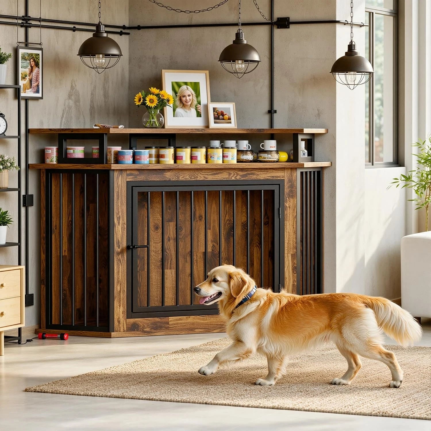 Rustic Corner Wooden Dog Crate with Shelves - Space-Saving Pet Kennel for Large