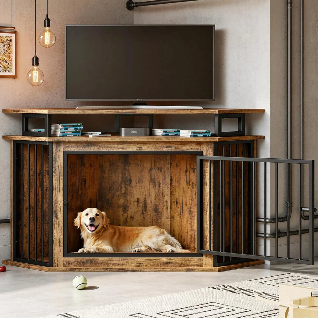 Rustic Corner Wooden Dog Crate with Shelves - Space-Saving Pet Kennel for Large